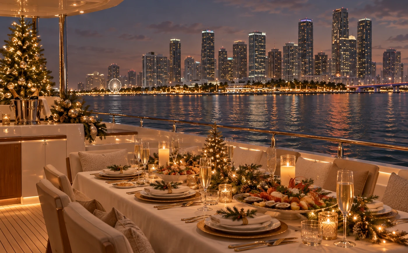 Christmas dinner served on the aft deck of a Miami yacht charter with the downtown skyline at night